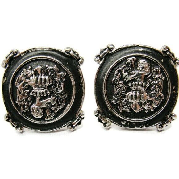 LION Crown Cufflinks Silver Tone Black Enamel Royal Wedding Vtg Signed Swank - Picture 2 of 8